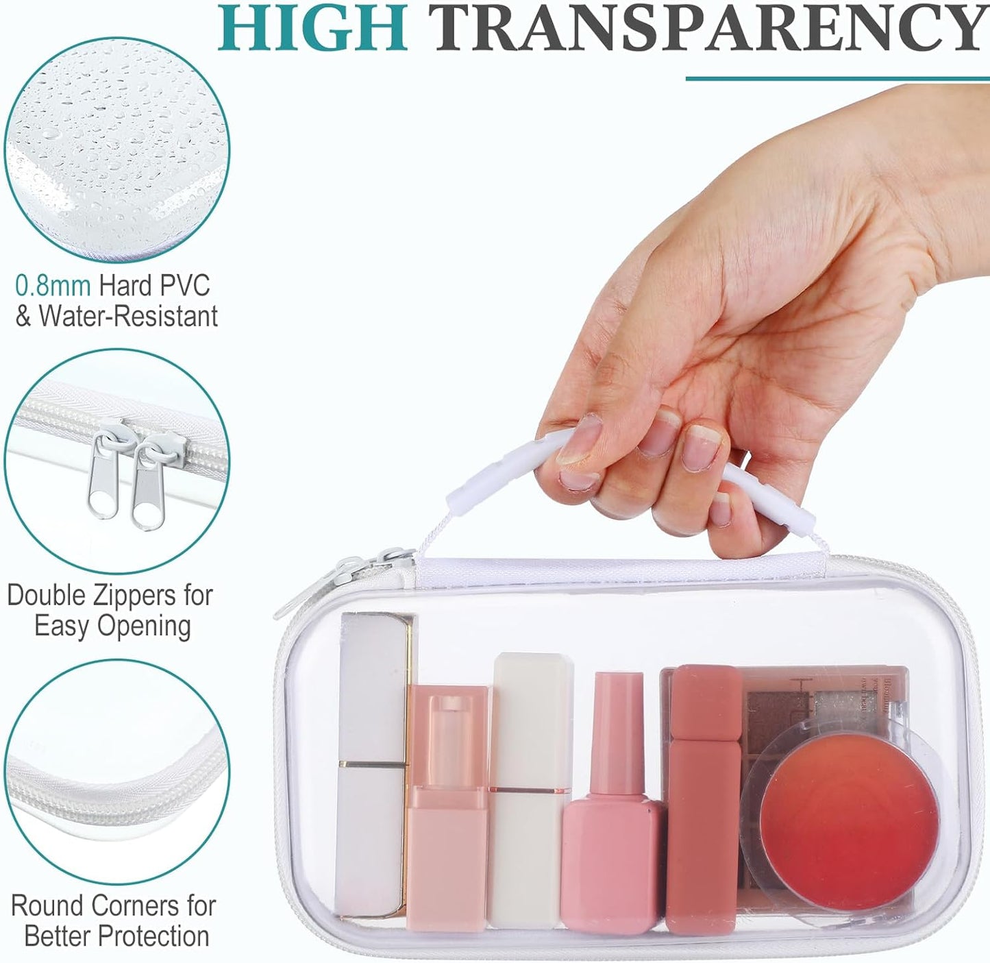 Sanwuta 4 Pcs Clear Hard Zipper Case with Handle Office Storage Cases Hard Plastic Pouches Transparent Bins for Crafts, Pencils, Snacks, Cosmetics, Puzzles(7.5 x 4 x 2 Inches,White)