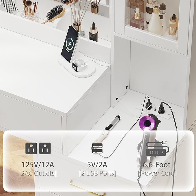 Makeup Vanity Desk with Mirror and Lights, 51" Makeup Vanity with Lights & Charging Station, Dressing Table Vanity Set for Bedroom, White Vanity Table with Cushioned Stool, 6 Drawers and 3 Cabinet