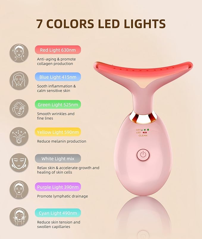 7 Color Face and Neck Massager Light Therapy, Red Light Based Facial Massager for Skin Care, Firming, Smoothing (Rose Golden)