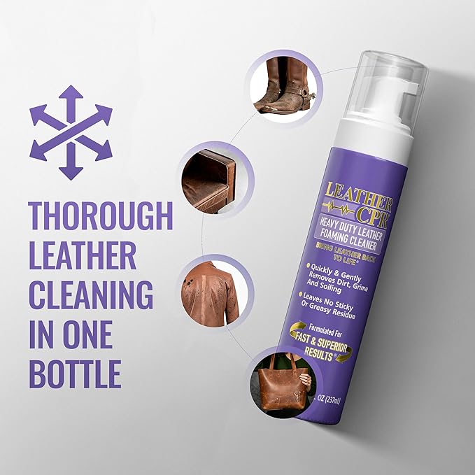 Leather CPR Heavy Duty Leather Foaming Cleaner - 8 oz - Car Interior Cleaner For Heavy Dirt & Grime, Heavily Soiled Furniture Leather Cleaner For Couch, Car Seat,Purses, Shoes, Boots, & More