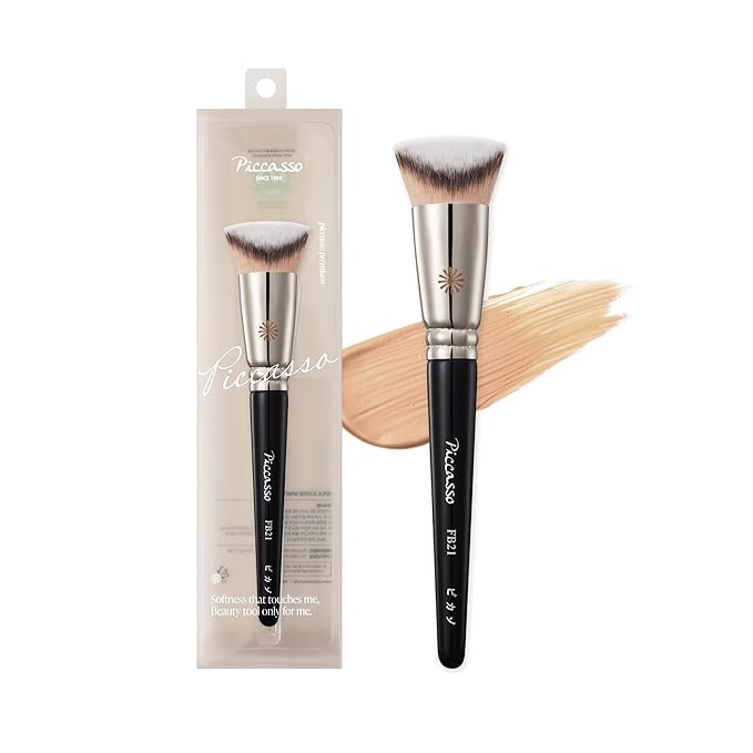 Piccasso FB21 Foundation Brush - Professional V-Cut Angled Makeup Brush for Liquid & Cream - Seamless Flawless Finish K-Beauty Face Brush - High Coverage, No Streaks, Durable Synthetic Hair