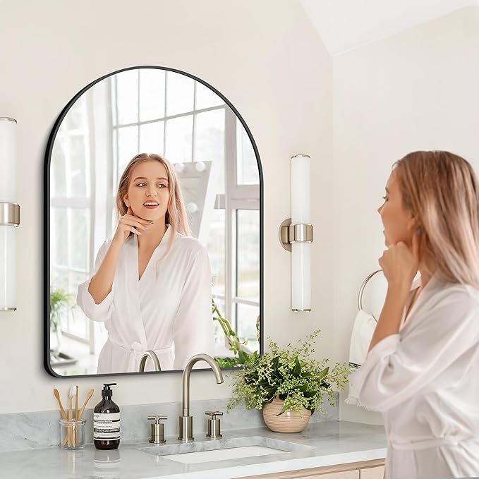 GLASHOM 30"x40" Black Arched Mirrors for Bathroom, Wall Mounted Mirror, Aluminum Alloy Brushed Framed Wall Mirror, Anti-Rust, Large Mirror for Over Sink, Bedroom, Entryway (Vertical)