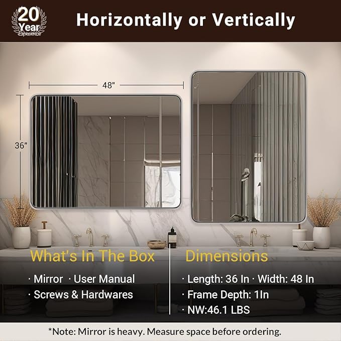 ANDY STAR 48x36 Inch Chrome Mirrors for Bathroom, Chrome Bathroom Vanity Mirror, Rounded Rectangle Mirror, Anti-Rust SUS304, Seamless Tube Metal Frame, 1’’ Deep Wall Mounted Vertically/Horizontal