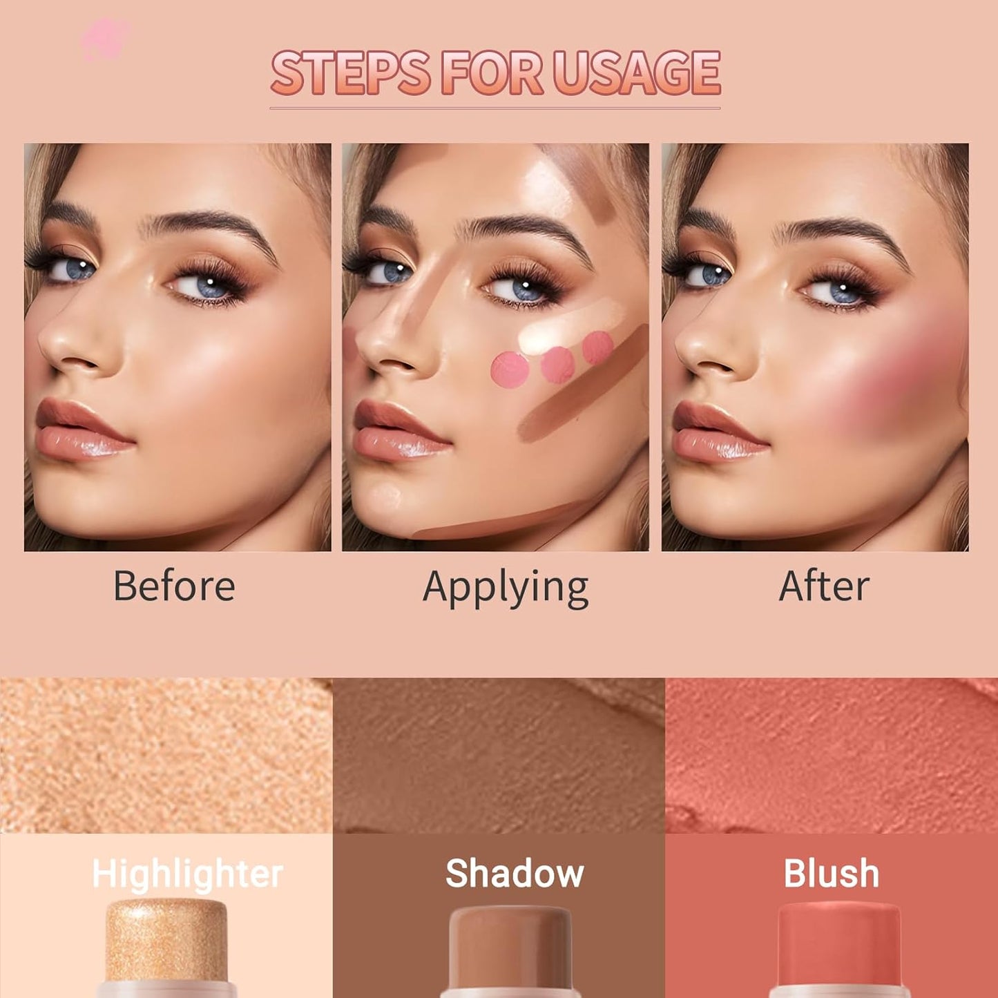 3Pcs Cream Contour Stick, with Highlighter Stick Milk Bronzer Stick Blush Stick, Face Contour Stick Highlighter Makeup with Makeup Brush and Sponge, Easy to Sculpt the Face, Long Lasting