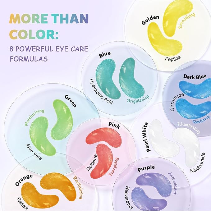 Under Eye Patches Variety Pack (48 Pairs), Valentine‘s Day Gifts for Her, Eye Masks for Dark Circles Puffy Eyes With 8 Colors (6 Pairs/Color), Vegan Skin Care Gifts for Women