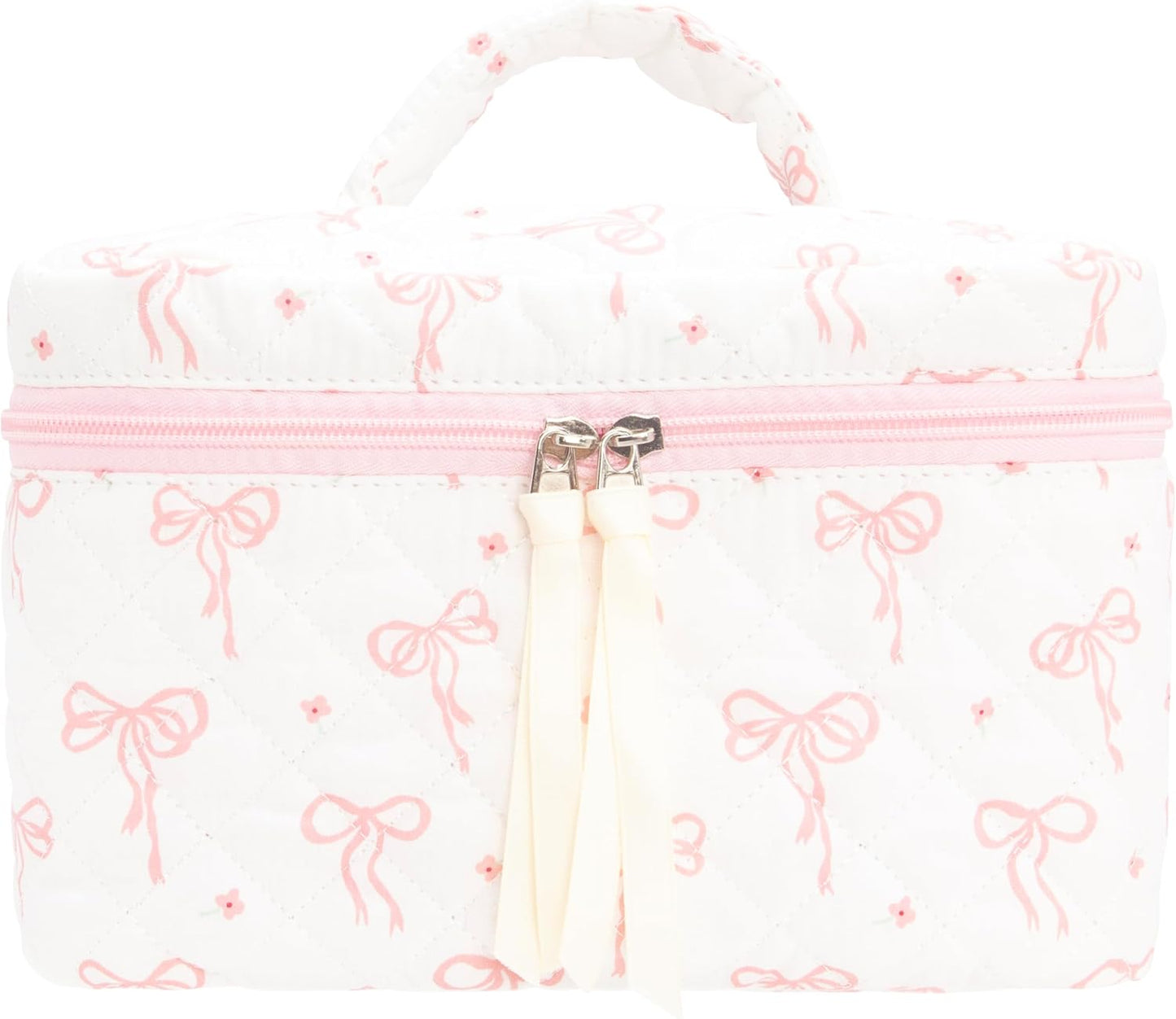 Quilted Makeup Bag Large Travel Zipper Soft Cosmetic Case for Women Girls Make Up,Bow Pink