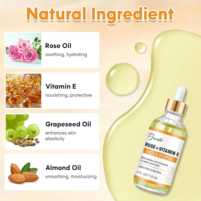 Vitamin E Rose Oil & Gua Sha Massage Tools Set, Gua Sha Oil for Face & Body, Organic Vitamin E Oil for Moisturizing and Hydrating, Anti Aging, Valentine's Day Gifts for Her