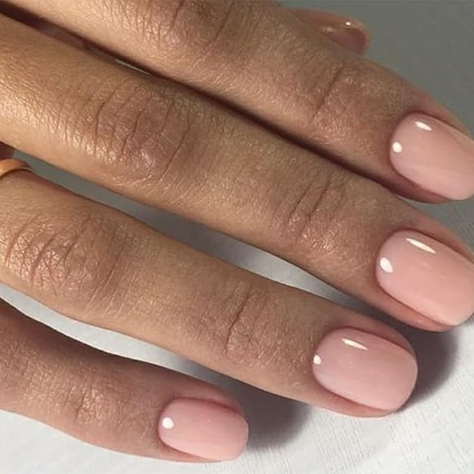 Modelones 32Pcs Peach Pink Press on Nails, Valentines Short Square Fake Nails, Reusable Nail Kit with Nail Glue Adhesive Tabs Mini Nail File, Nails Press Ons 16 Sizes