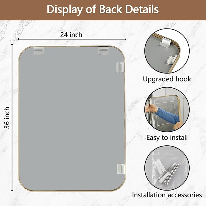 Gold Mirror, 24x36 Inch Framed Rectangle Mirror with Rounded Corner, Brushed Brass Mirror, Gold Bathroom Mirror for Over Sink, Vanity, Living Room, Bedroom, Horizontal/Vertical