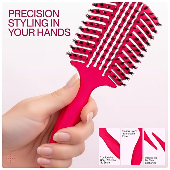 COCCO Aura Vent Boar Brush | Vented Dual-Curved Design for Faster Drying, Effortless Detangling & Shine, Boar + Nylon Bristles, Ergonomic Comfort Handle for Wet & Dry Hair Styling - Pink