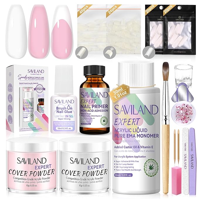 SAVILAND Acrylic Nail Kit: Keratin Acrylic Powder with Castor Oil Vitamin E Nail Primer Nail Glue French Tips Pink Rhinestones Complete Tools Everything for Beginners DIY Home Salon Christmas Gift