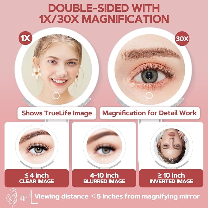 MIYADIVA Lighted Makeup Mirror, 30X Magnifying Mirror with Light and Adjustable Brightness, Hanging and Handheld Mirror with Handle, Portable Travel Makeup Mirror with Lights, Vanity Mirrors for Women