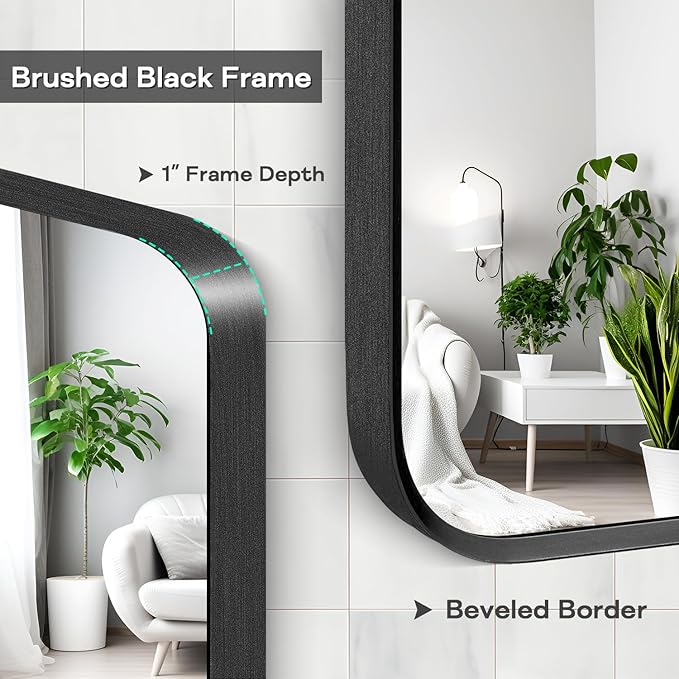 Wall Mount Mirror for Bathroom, Brushed Black Metal Framed Large Rounded Corner Rectangular Vanity Mirror, Tempered Glass, Anti-Rust, Hangs Horizontally or Vertically (30" x 40", Black)