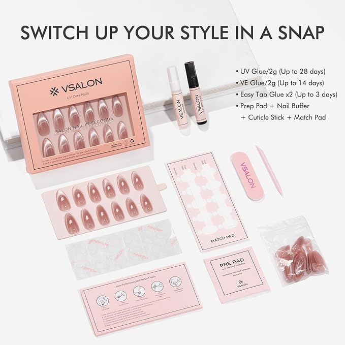 VSALON Press On Nails Almond, 32 Pcs 16 Sizes Cat Eye Press On Nails French Tip Nude Medium Sparkly Fake Nails With UV Glue Reusable Stick On Nails Semi-transparent Valentines Gift For Women