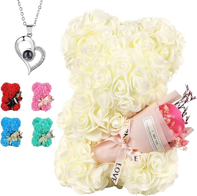 Valentines Day Gifts for Her Rose Bear, Rose Teddy Bear Birthday Gift for Girlfriend Wife, Rose Flower Gift for Women,Valentines Gifts for Her,Flower Bear with I Love You Necklace