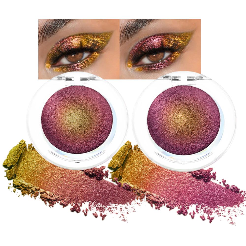 evpct 2Pcs Rose Red Gold Shimmer Glitter Sparkle Chameleon Duo Chrome Multichrome Iridescent festival Eyeshadow Palette, Loose Glitter Gothic Single Mini Eye Shadow Palette Makeup for Older Women