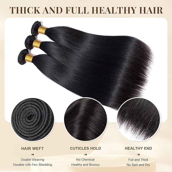 Straight Bundles Human Hair 24 26 28 Inch 12A Brazilian 3 Bundles Deals Human Hair 100% Unprocessed Virgin Remy Hair for Black Women Natural Black Color Hair Extensions
