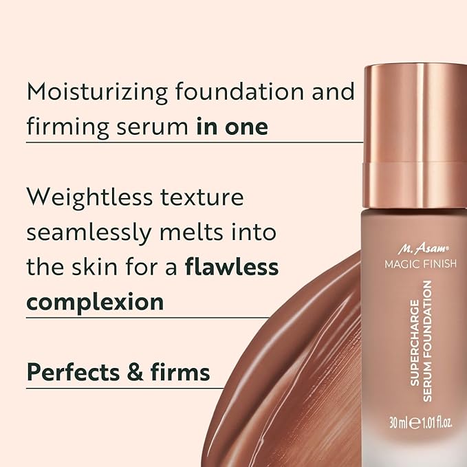 M. Asam MAGIC FINISH Supercharge Serum Foundation Deep Almond (1.01 Fl Oz) - Moisturizing Make Up & Firming Face Serum In One, Anti-aging CC Cream With Optimal Coverage & Hyaluronic Acid