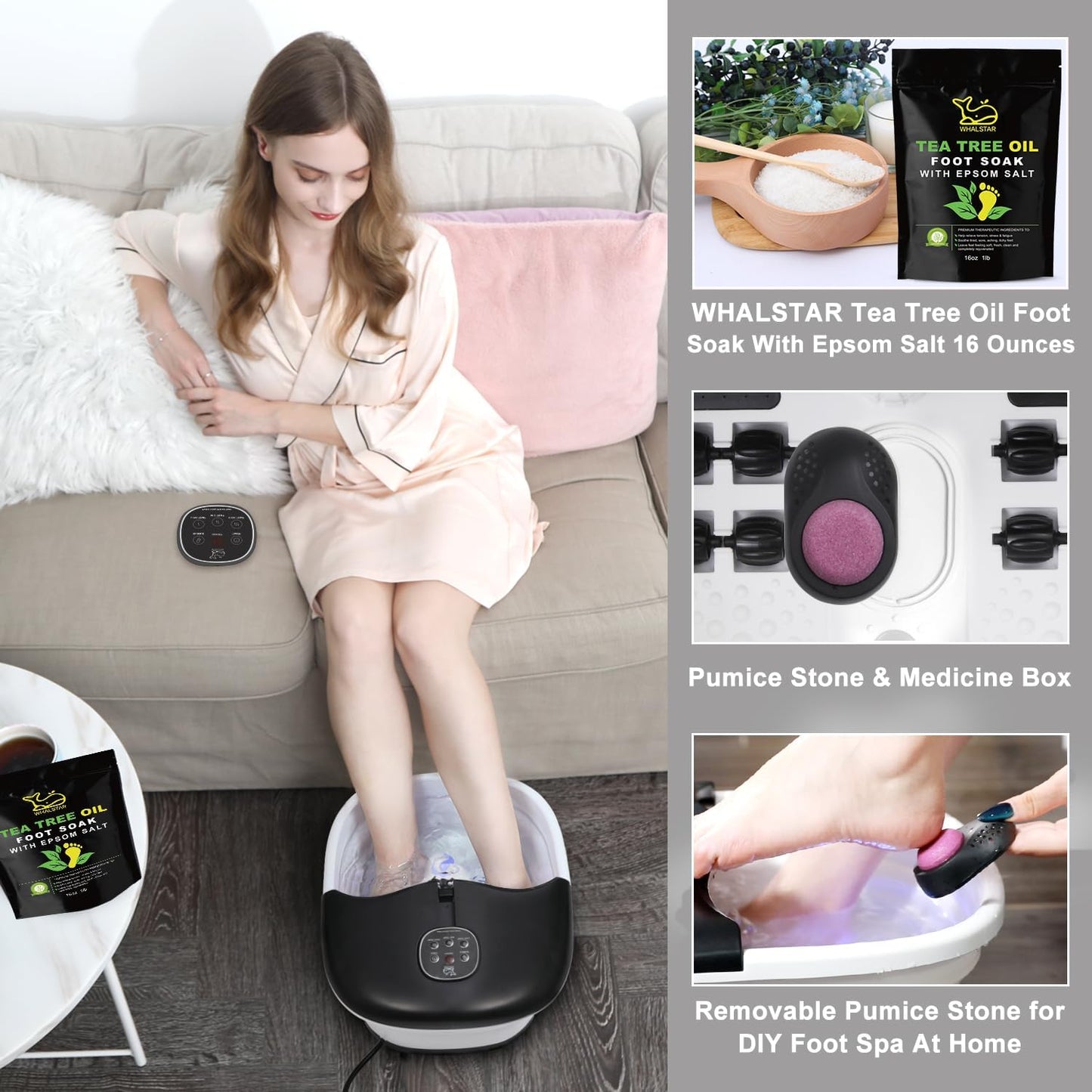 Foot Spa Bath Massager with Heat Bubbles and Vibration Massage and Jets, 16oz Tea Tree Oil Foot Soak Epsom Salt, WHALSTAR Collapsible Foot Bath Bucket With Infrared Fighting Infections & Remote