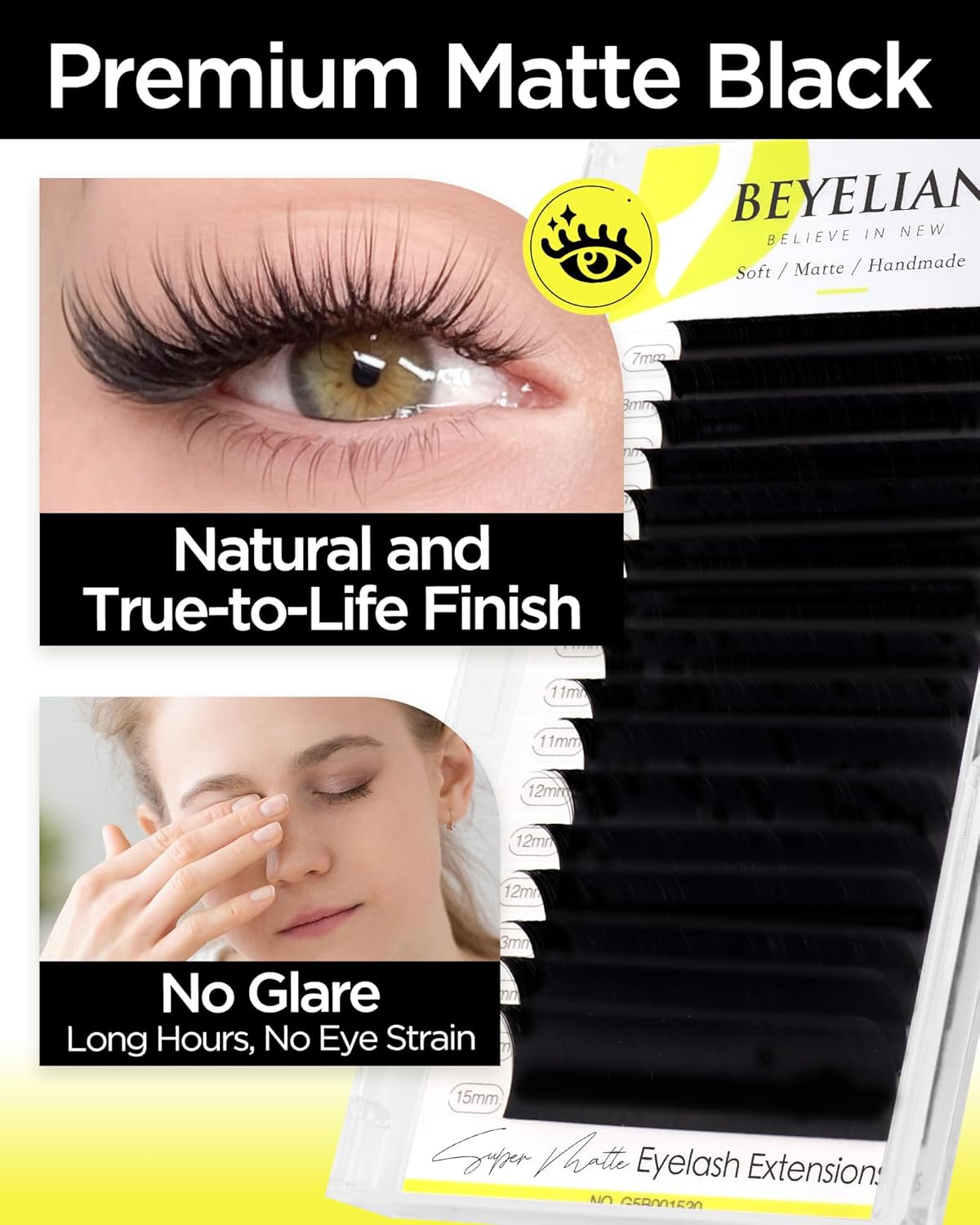 BEYELIAN Eyelash Extension 0.15 D Curl 7-15mm Mixed Tray Easy Fan Lash Extensions Volume Lashes 100°/212°F High Temperature Resistant Classic Professional Use Natural Matte Black(0.15 D 7-15mm Mix)