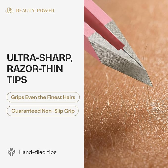 Professional Tweezers Set – Slant & Point, Ultra Precision German Stainless Steel Tweezers for Eyebrows, Chin, Ingrown Hair & Facial Grooming – Lightweight with Travel Case (Pink)