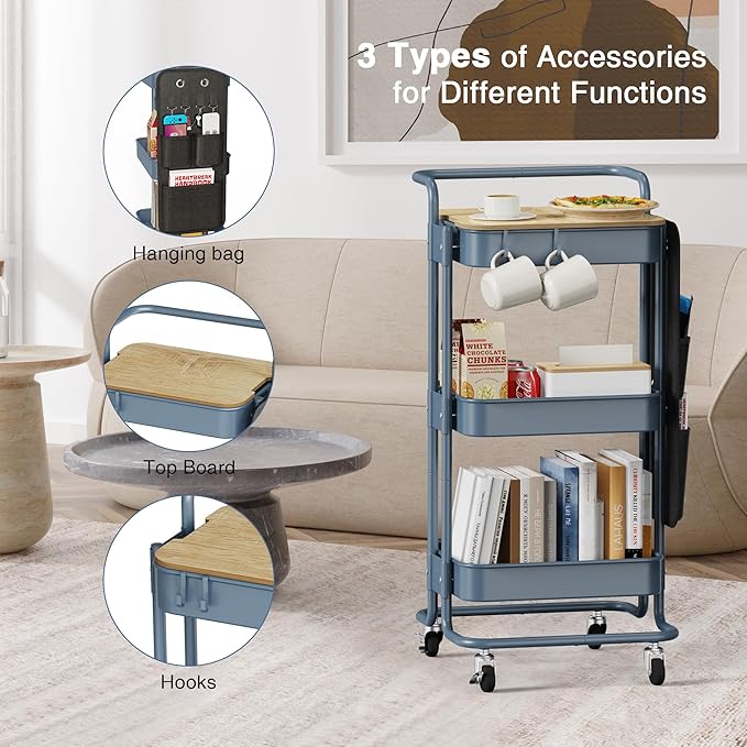 DTK 3 Tier Metal Utility Rolling Cart with Table Top and Side Bags, Metal Tray Storage Organizer Cart with Wheels, Art Craft Cart with 4 Hooks for Kitchen Bathroom Office Living Room (Blue)