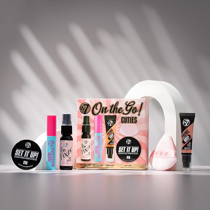 W7 On the Go Cuties Set - Mini Makeup Essentials with Primer, Mascara, Setting Spray, Loose Powder & Powder Puff - Travel Size Beauty Favourites