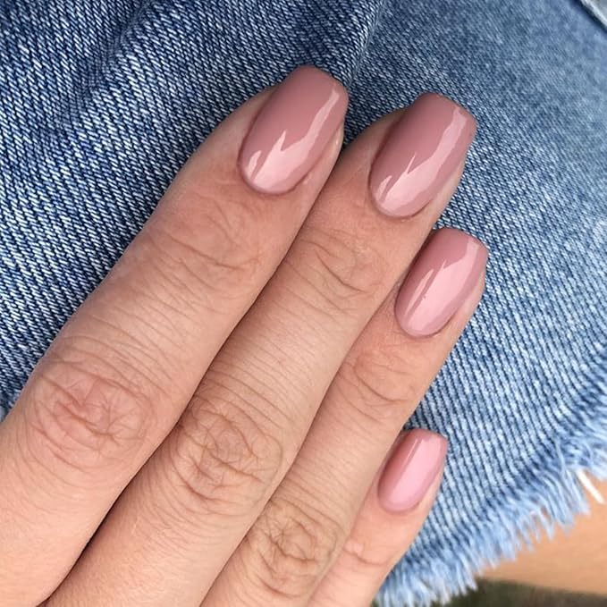 Modelones 32Pcs Peach Pink Press on Nails, Valentines Short Square Fake Nails, Reusable Nail Kit with Nail Glue Adhesive Tabs Mini Nail File, Nails Press Ons 16 Sizes