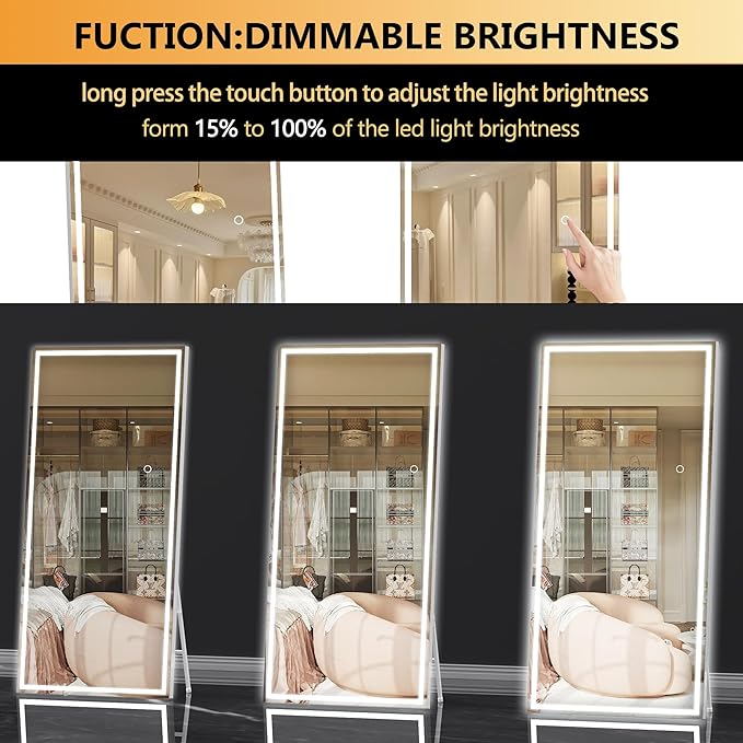 Hasipu Full Length Mirror with Lights, 79" x 36" LED Lighted Floor Standing Mirror, Full Body Dressing Hanging Mounted Mirrors, Dimmable, Tempered Glass, Safe to Use, Square White