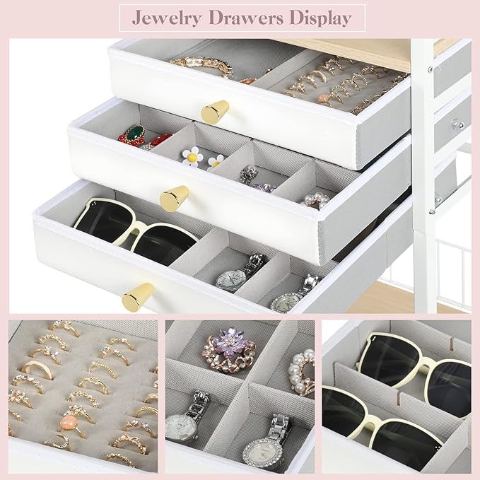 Keebofly Jewelry Organizer Stand with 3 Drawers, Large Necklace Holder & Earring Organizer Rack, Wooden Jewelry Tree Tower for Rings, Bracelets, Sunglasses and Skincare, Gift for Women, White