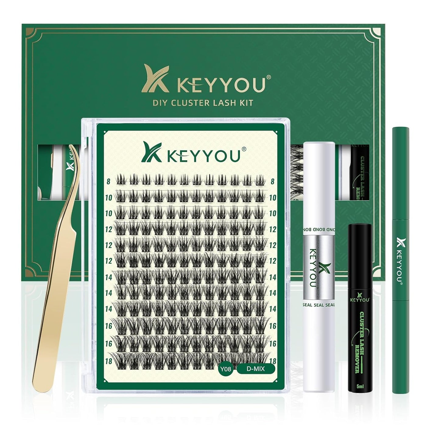 DIY Lash Extension Kit KEYYOU 144pcs Lash Clusters Eyelash Extension Kit with Mascara Brush Bond and Seal Lash Glue Remover Lash Applicators Lash Brush for DIY Lash Extensions (Y08 Kit)