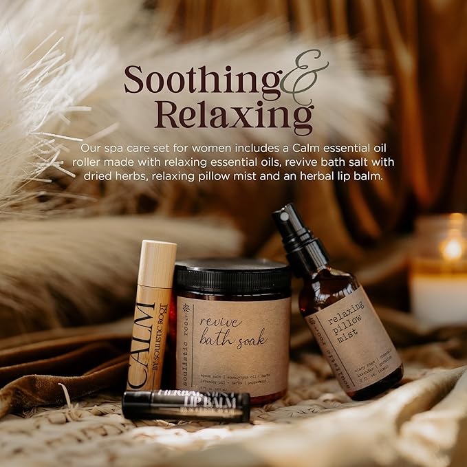 SOULISTIC ROOT Self-Care Set - Luxury Spa Bath Kit, Pillow Mist, Cooling Lip Balm, Tranquil Essential Oil Roller & Epsom Salt Bath Soak Pampering Package, Valentine's Day Holistic Gifts for Him & Her