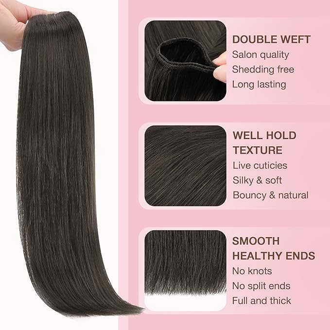 GOO GOO Sew in Hair Extensions Real Human Hair, Weft Hair Extensions Human Hair, 1C Mocha Brown 20inch 130g, Weft Bundles Straight Silky Remy Hair