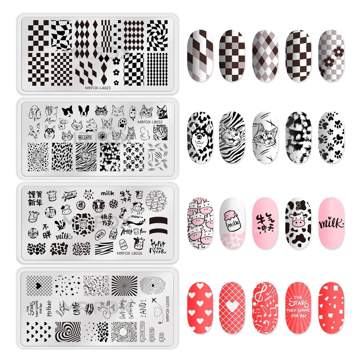 MR.FOX Nail Stamping Plate Set, 8Pcs Nail Art Stamp Kit Templates for Women with Plenty of Images