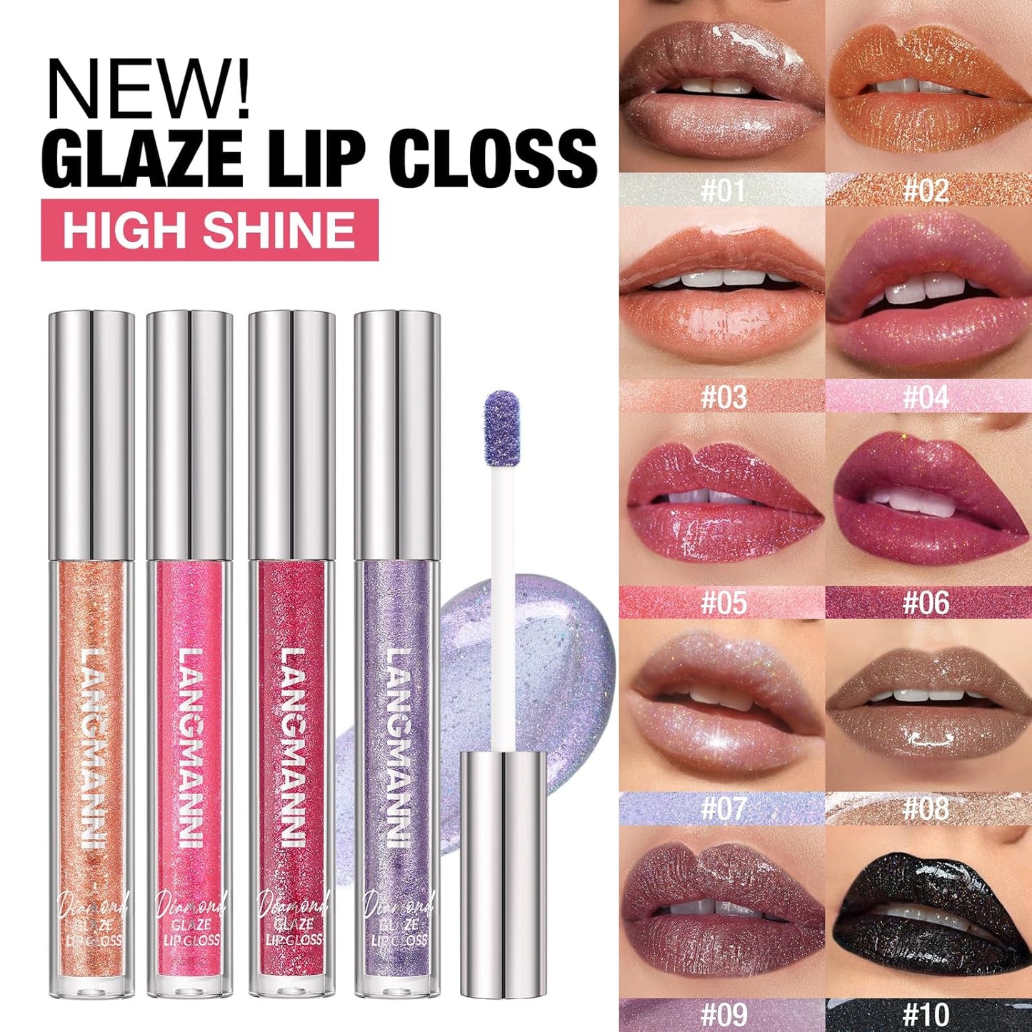 LANGMANNI 2 Colors Diamond Glitter Lip Gloss Set,Long Lasting High Shine Shimmer Liquid Lipstick Set,Hydrating,Moisturizing Lip Gloss Kit Gift Makeup For Girls(#01+02)