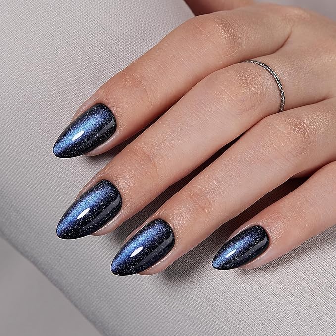 VSALON Press on Nails Short Almond - Blue Cat Eye Chrome Glitter Glossy Glue On Valentine Nails Kit, Reusable Opaque Gel Magnetic Effect Fake Nails with Glue - in 16 Sizes 32 Stick On Nails