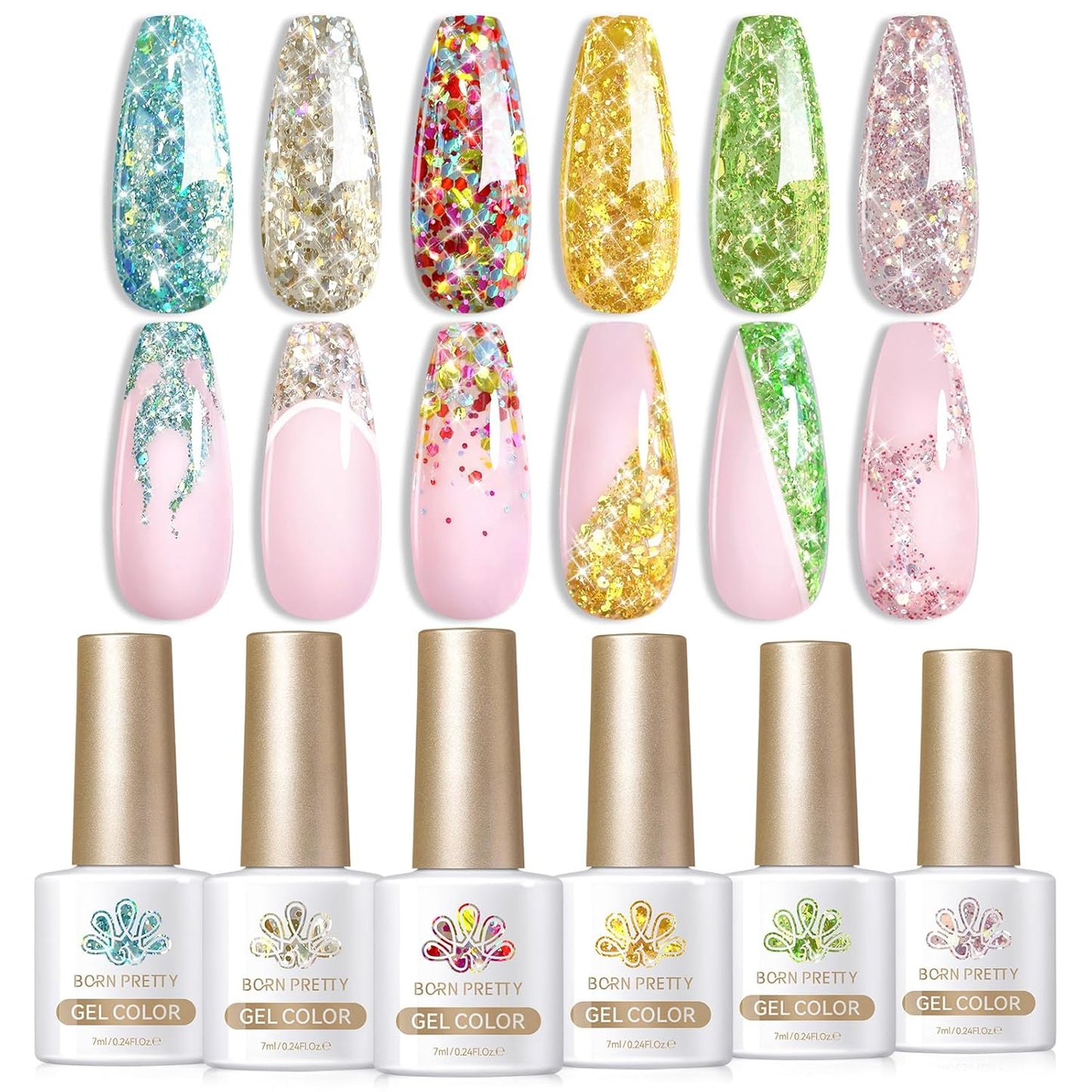Born Pretty Glitter Gel Nail Polish with Sequins, 6 Pcs Blue Gold Red Yellow Green Pink Long Lasting Sparkly Shiny U V Gel Polish Set for Manicure and Nail Art, DIY at Home, Salon-Quality 7ml
