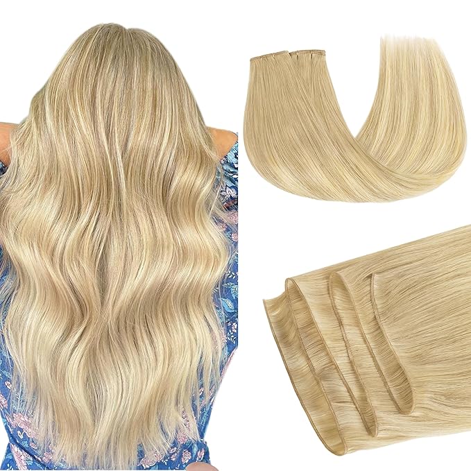 GOO GOO Genius Weft Hair Extensions Human Hair, Sew In Hair Extensions Rooted Remy Weft, 18A/60 Blonde Balayage 14inch 80g, Hand Tied Weft Hair Extensions