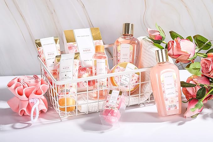 Spa Luxetique Spa Gift Set, Bath Gift Set for Women, 10 Pcs Rose Bath Set, Pink Tote Gift Bag with Shower Gel, Bubble Bath, Body Lotion, Hand Cream, Christmas Beauty Gifts for Women
