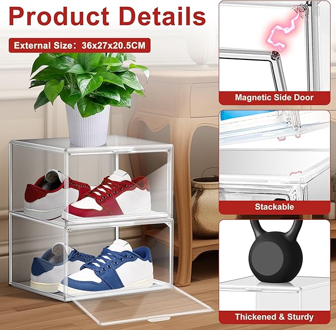 1 Pack Clear Shoe Boxes Size 12 Shoe Storage Organizer for Closet Stackable Shoes Rack Handbag Organizer Plastic Sneaker Storage Bin with Magnetic lids