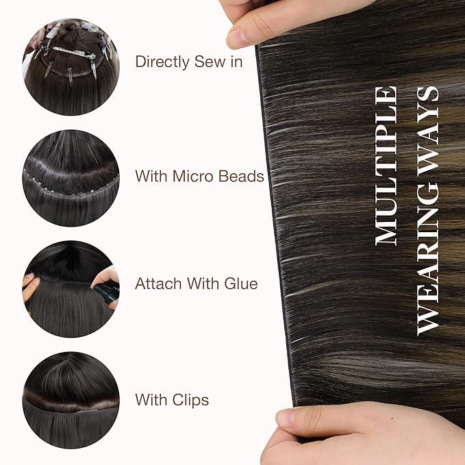 GOO GOO Genius Sew In Remy Weft Hair Extensions, 2/6/2 Balayage Dark Brown to Chestnut Brown 20inch 60g, Hand Tied