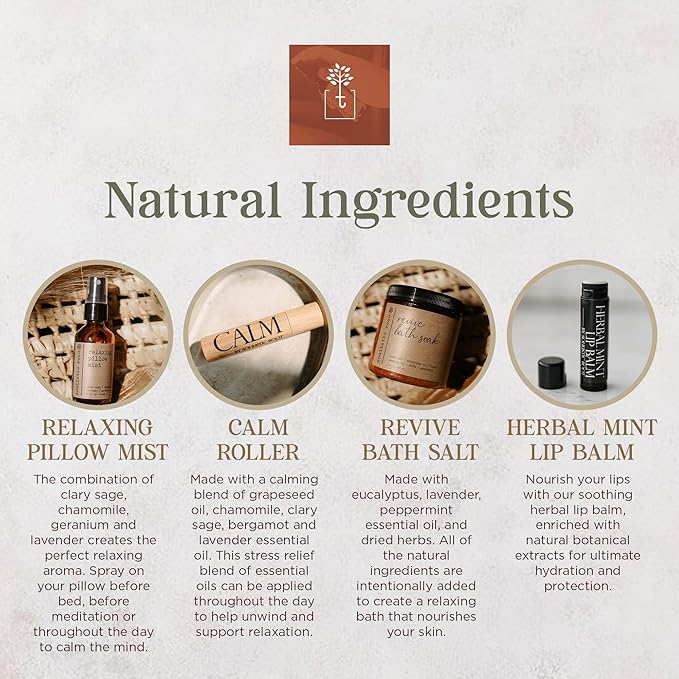 SOULISTIC ROOT Self-Care Set - Luxury Spa Bath Kit, Pillow Mist, Cooling Lip Balm, Tranquil Essential Oil Roller & Epsom Salt Bath Soak Pampering Package, Valentine's Day Holistic Gifts for Him & Her