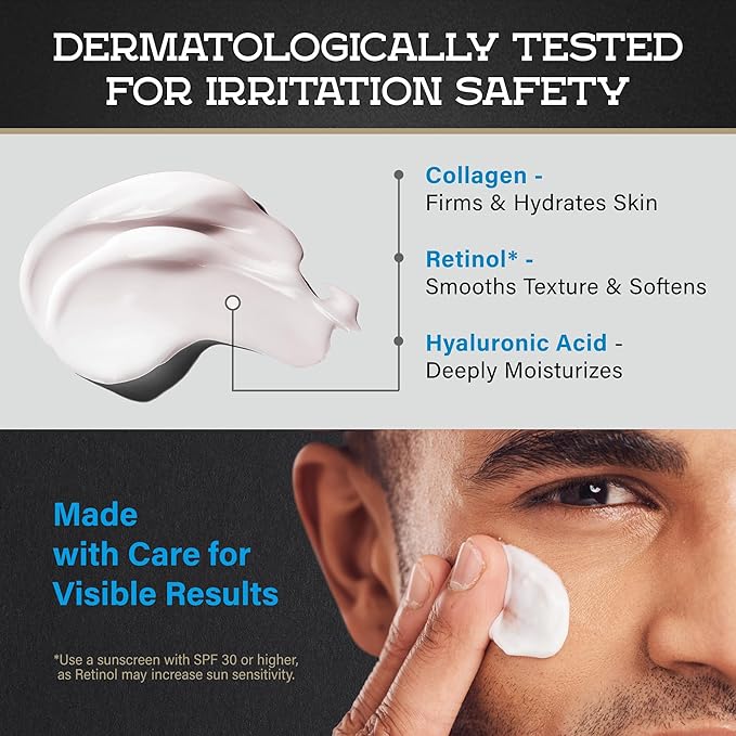 Men's Face Moisturizer Cream - Anti Aging & Wrinkle - Men's Shave Lotion - Made in USA - Collagen, Hyaluronic Acid, Vitamins E & A, Avocado Oil - Age Facial Skin Care, Day & Night Moisturizing, 2 oz