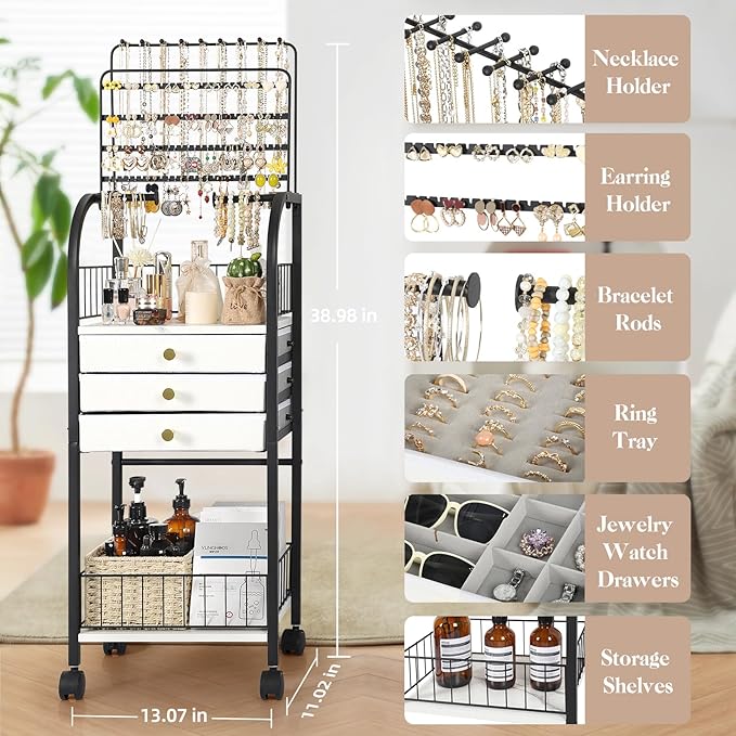 Keebofly Large Jewelry Organizer Stand with 3 Drawers, Floor Display Holder with Necklace, Earring, Bracelet, Ring Storage — Rolling Armoire Tower for Bedroom or Closet (Black)