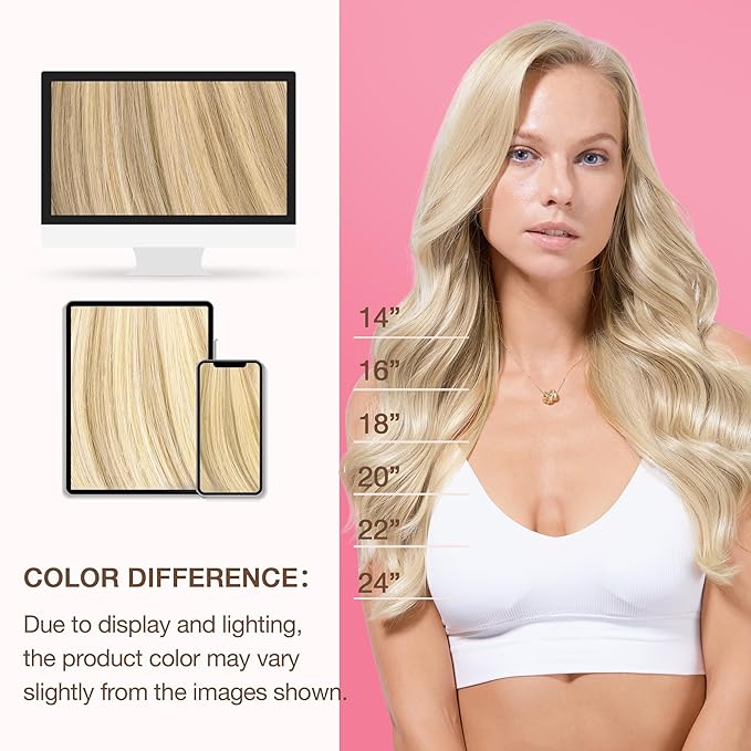 GOO GOO Genius Human Hair Extensions, Sew In Remy Weft, 18A/613A Dark Blonde Highlighted Bleach Blonde 24inch 120g, Hand Tied Weft
