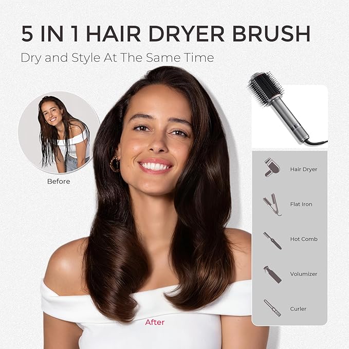 TYMO 4.0 Hair Blow Dryer Brush - Lightweight 3X Faster Drying 5-in-1 Ionic Blowout Hair Dryer Brush Adds Shine, Volume & Fullness for Smooth, Anti-Frizz Straight, Curl & Blowout Styles, Metal Grey