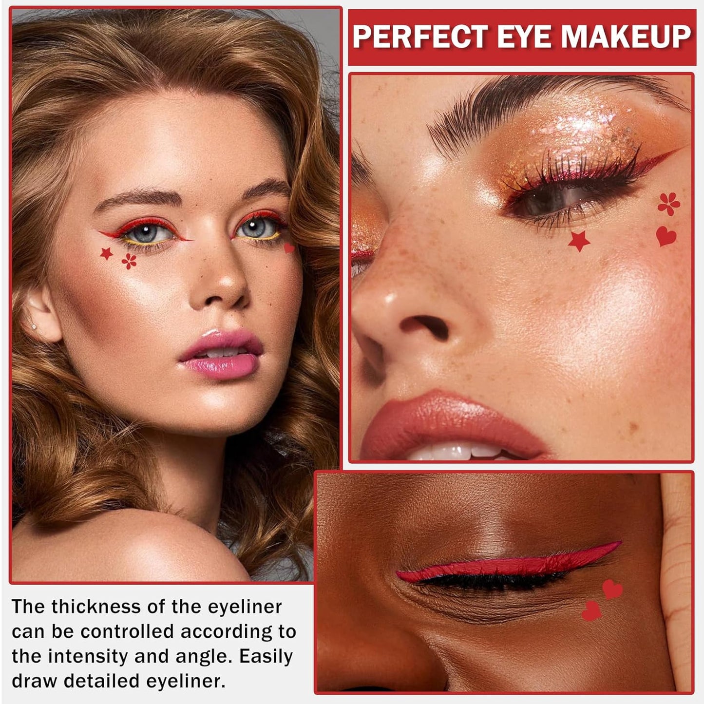 2PCS Double-headed Eyeliner Stamp Pencil Black and Red Liquid Winged Eyeliner Stamp Pen Waterproof Smudgeproof Eye Liner Stamp for Eye Makeup(Star)