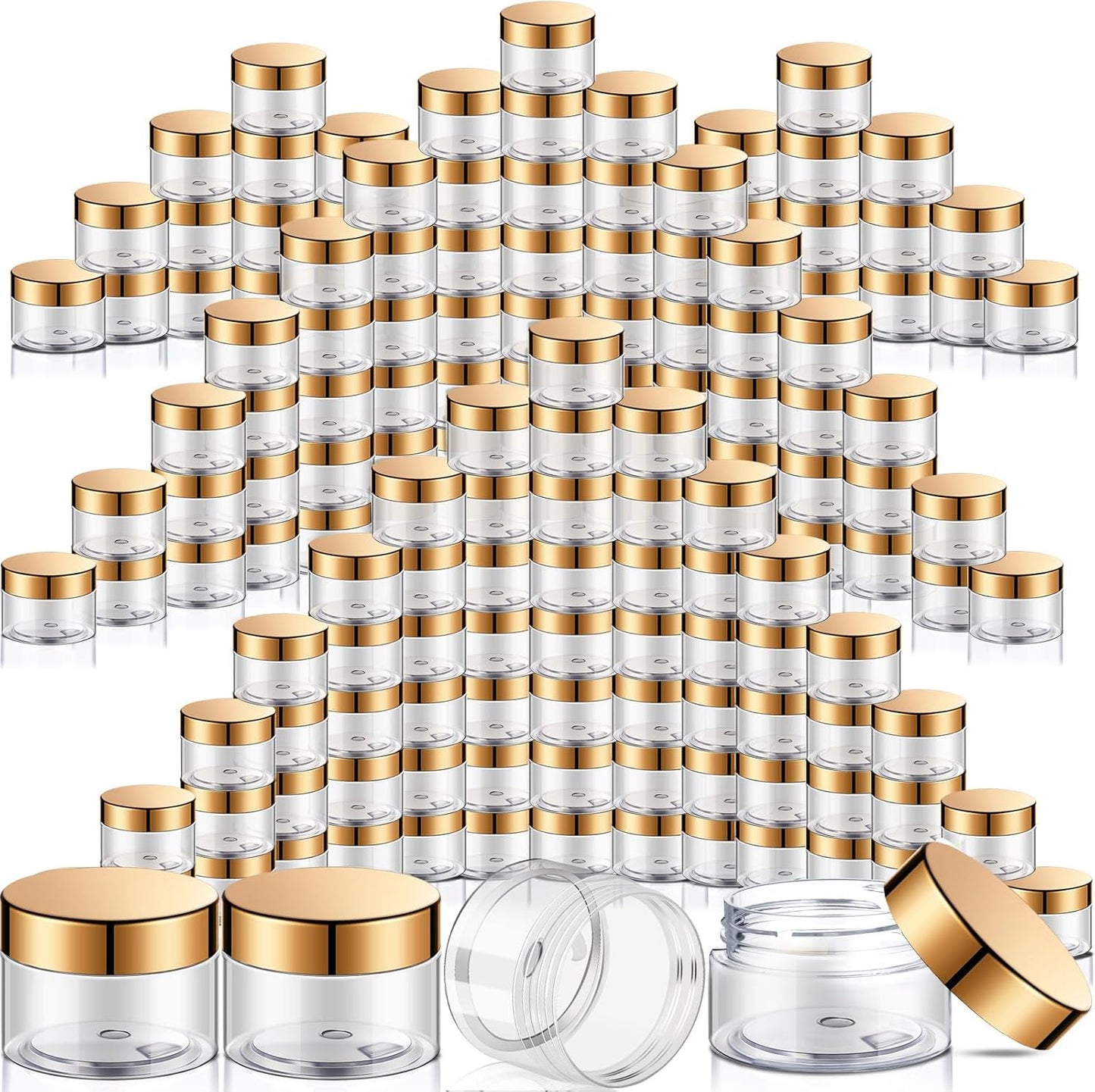 SATINIOR 100 Pcs Plastic Jars with Lids Small Containers Lids Wide Mouth Small Plastic Containers for Lotion Cream Rhinestones Body Butters Travel Storage(2 oz,Gold)