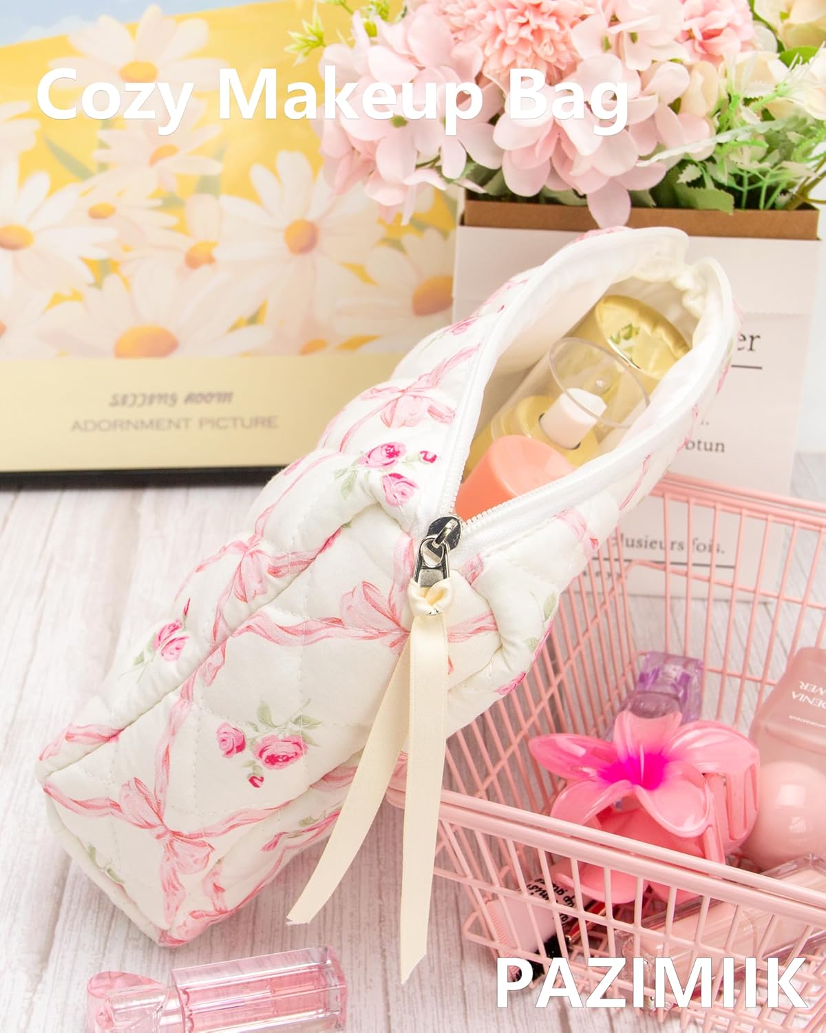 PAZIMIIK Quilted Makeup Bag Large Travel Zipper Soft Cosmetic Pouch for Women Girls Make Up,Bow Rose