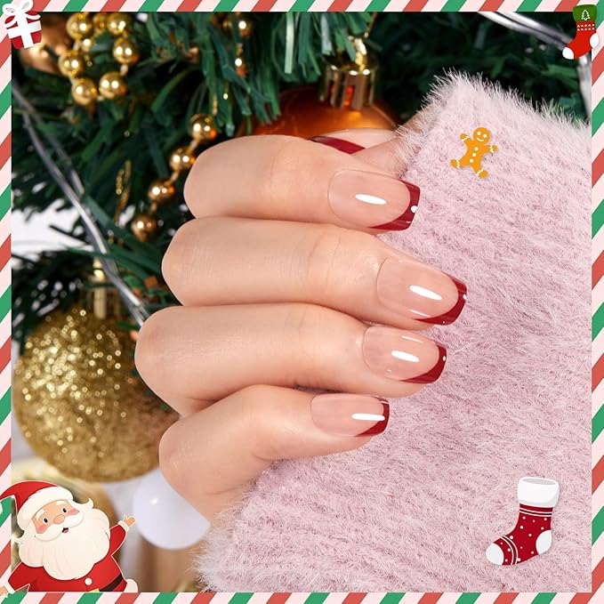 Modelones Press on Nails, Red Chrome French Short Square Fake Nails, Reusable Nail Kit with Nail Glue Adhesive Tabs Mini Nail File, Nails Press Ons 32Pcs16 Sizes